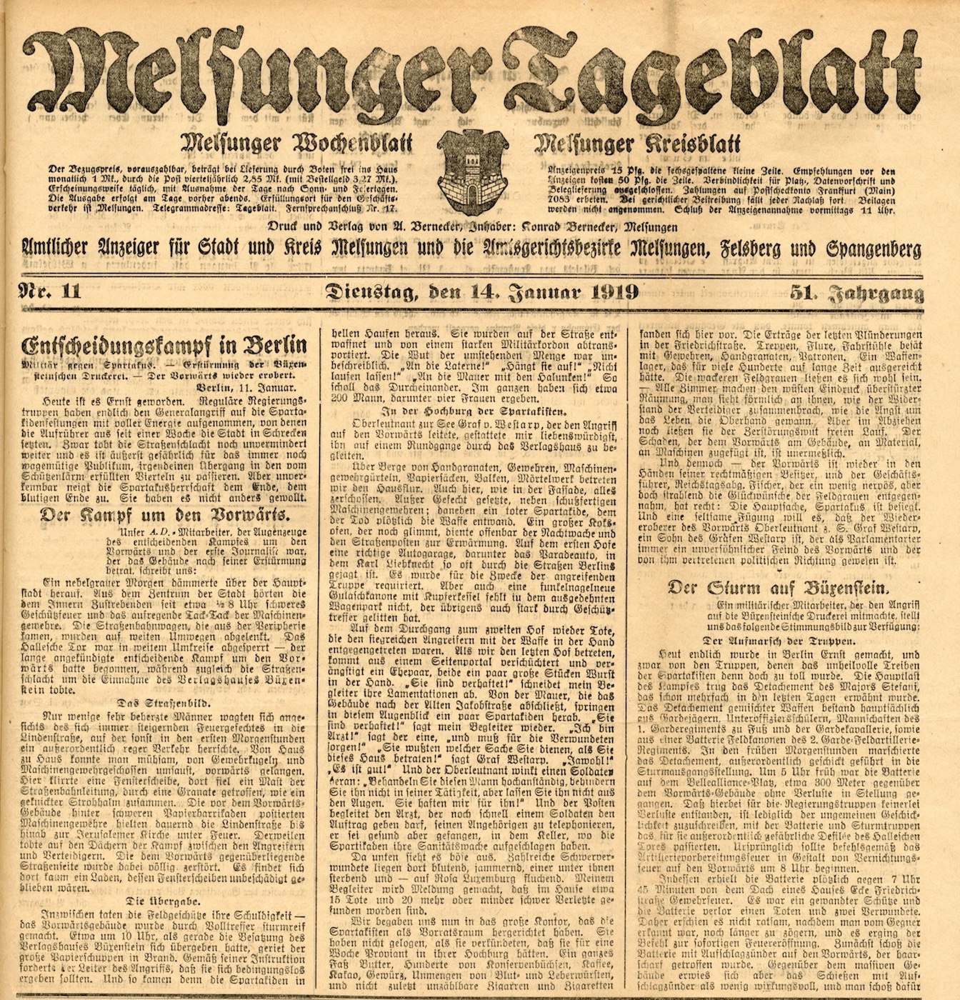Augenzeugenberichte im „Melsunger Tageblatt“ vom 14. Januar 1919 über die Niederschlagung des „unheilvolle(n) Treiben(s) der Spartakisten“ in Berlin.