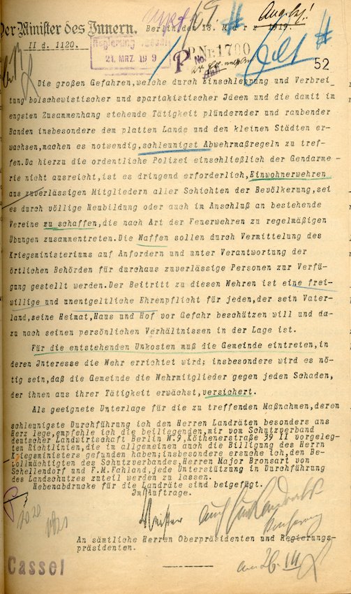 Verfügung des Preußischen Innenministers über die Aufstellung von Einwohnerwehren auf dem Land und in Kleinstädten „aus zuverlässigen Mitglieder aller Schichten der Bevölkerung“ zur Abwehr bolschewistischer und spartakistischer Raubzüge und Plünderungen (