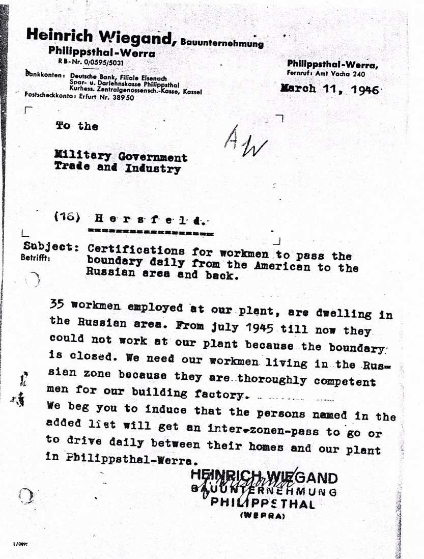 Antrag auf Interzonenpässe für 35 Mitarbeiter der Heinrich Wiegand Bauunternehmung, 11. März 1946