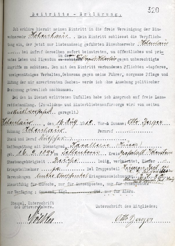 Beitrittserklärung des Kutschers Otto Berger zur Einwohnerwehr des Gutsbezirks Hohenhaus im Landkreis Eschwege (1919 August 16)