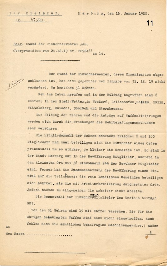 Bericht des Marburger Kreisrats über die Anzahl, Mitgliederstärke und Bewaffnung der Einwohnerwehren im Kreis Marburg (Marburg 1920 Januar 16)