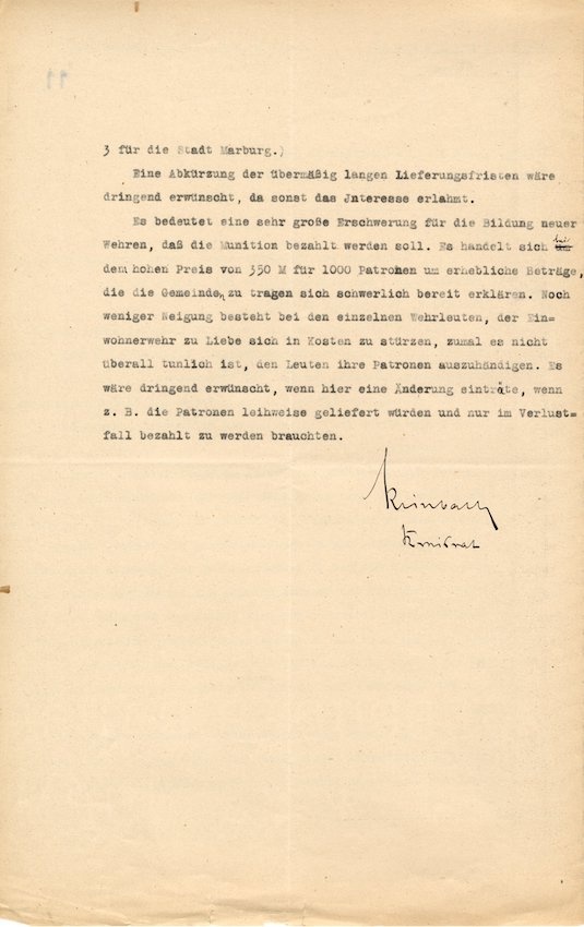 Bericht des Marburger Kreisrats über die Anzahl, Mitgliederstärke und Bewaffnung der Einwohnerwehren im Kreis Marburg (Marburg 1920 Januar 16)