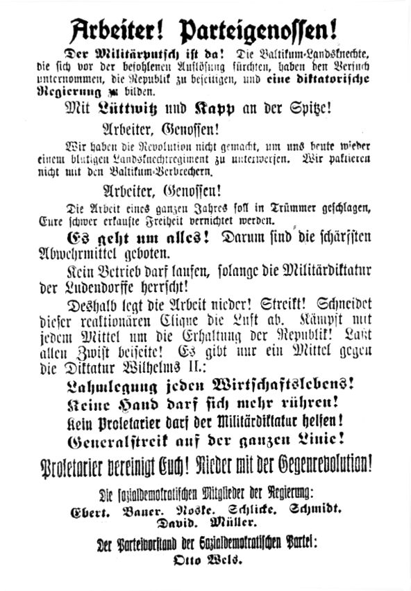Aufruf zum Generalstreik durch die sozialdemokratischen Mitglieder der Regierung vom 13. März 1920.