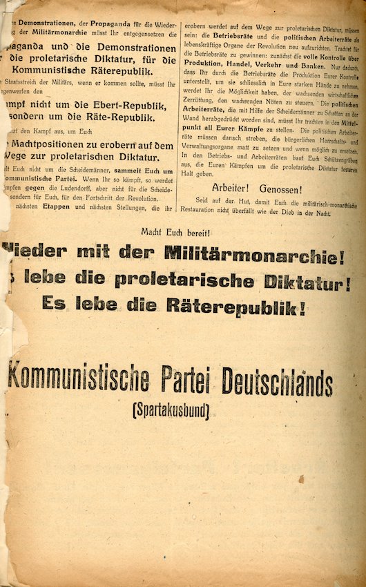 Aufruf der KPD (Spartakusbund) gegen die militärische Konterrevolution und für die Errichtung der proletarischen Diktatur (März 1920)