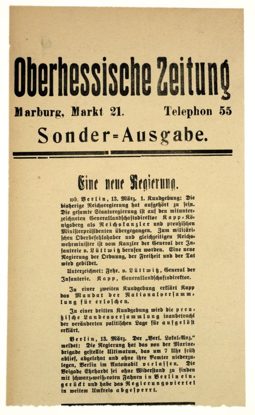 Sonderausgaben der „Oberhessischen Zeitung“ und der „Hessische(n) Landeszeitung“ über den Kapp-Putsch in Berlin am 13. März 1920 und die dadurch ausgelöste Lage im Reich und in Hessen-Nassau.