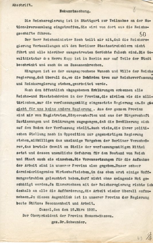 Missbilligung des „unsinnige(n) Vorgehen(s) der Berliner Verschwörer“ und Bekenntnis des Oberpräsidenten der Provinz Hessen-Nassau zur verfassungsmäßig eingesetzten Reichsregierung (1920 März 16)