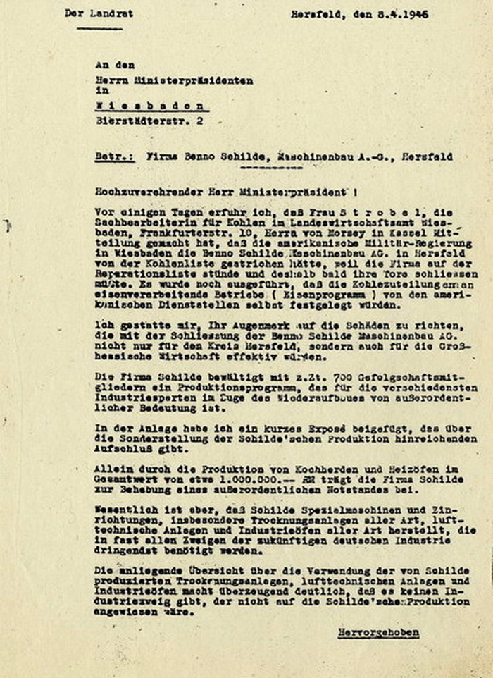 Schreiben: Landrat August-Martin Euler an den hessischen Ministerpräsidenten Karl Geiler wegen der bevorstehenden Schließung der Benno Schilde Maschinenbau AG in Hersfeld, 8. April 1946