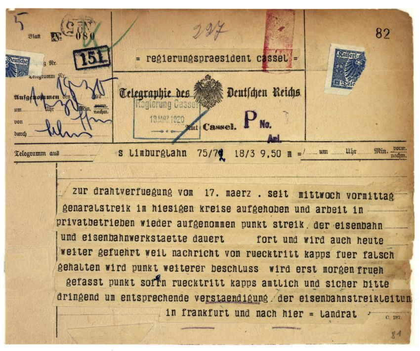 Telegramm des Limburger Landrats an den Regierungspräsidenten in Kassel vom 18. März 1920 über die Beendigung des nach dem Kapp-Putsch ausgerufenen Generalstreiks in den Privatbetrieben des Kreises sowie über die Fortsetzung des Ausstands bei der Eisenbah
