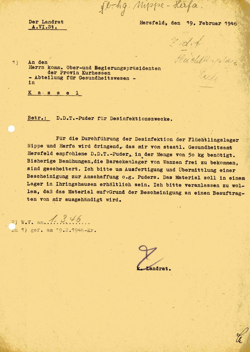 August-Martin Euler an die Abteilung Gesundheitswesen im Regierungspräsidium Kassel wegen der Desinfektion der Flüchtlingslager, 19. Februar 1946