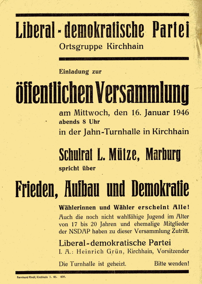 Flugblatt: Einladung der LDP Ortsgruppe Kirchhain zu einer Wahlversammlung, 16. Januar 1946