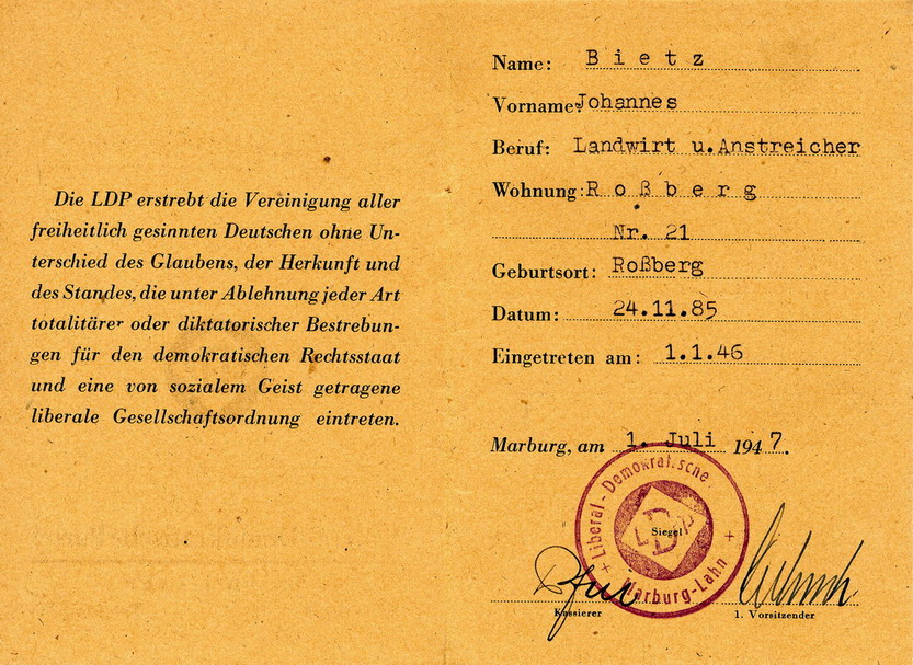 Mitgliedskarte der LDP Marburg, 1. Juli 1947
