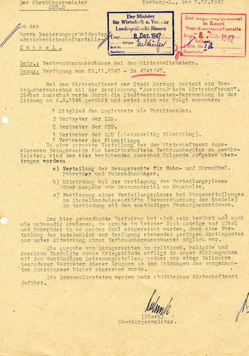 Marburgs Oberbürgermeister Bleek informiert den RP Kassel über die Einrichtung von Verbraucherausschüssen, 5. Dezember 1947.