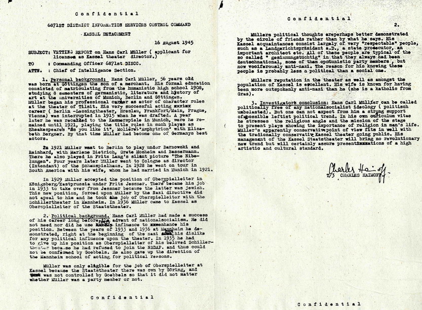 Überprüfungsbericht des District Information Services Control Command zu Hans Carl Müller, 16. August 1945