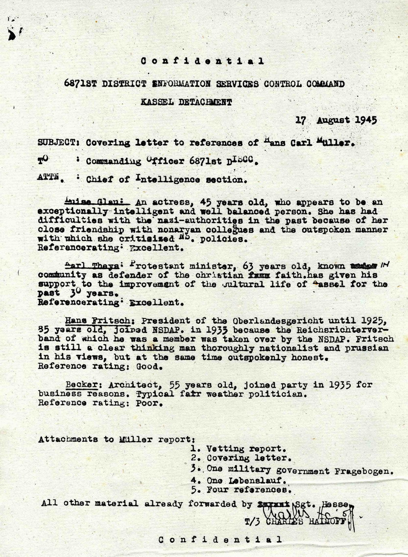 Referenzpersonen für Hans Carl Müller, 17. August 1945