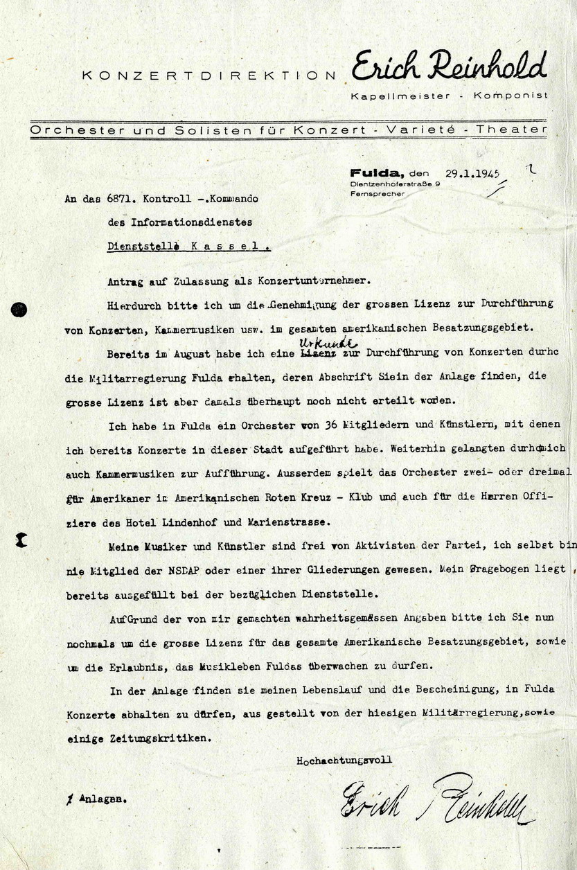 Antrag auf Zulassung als Konzertunternehmer von Erich Reinhold, 29.1.1946