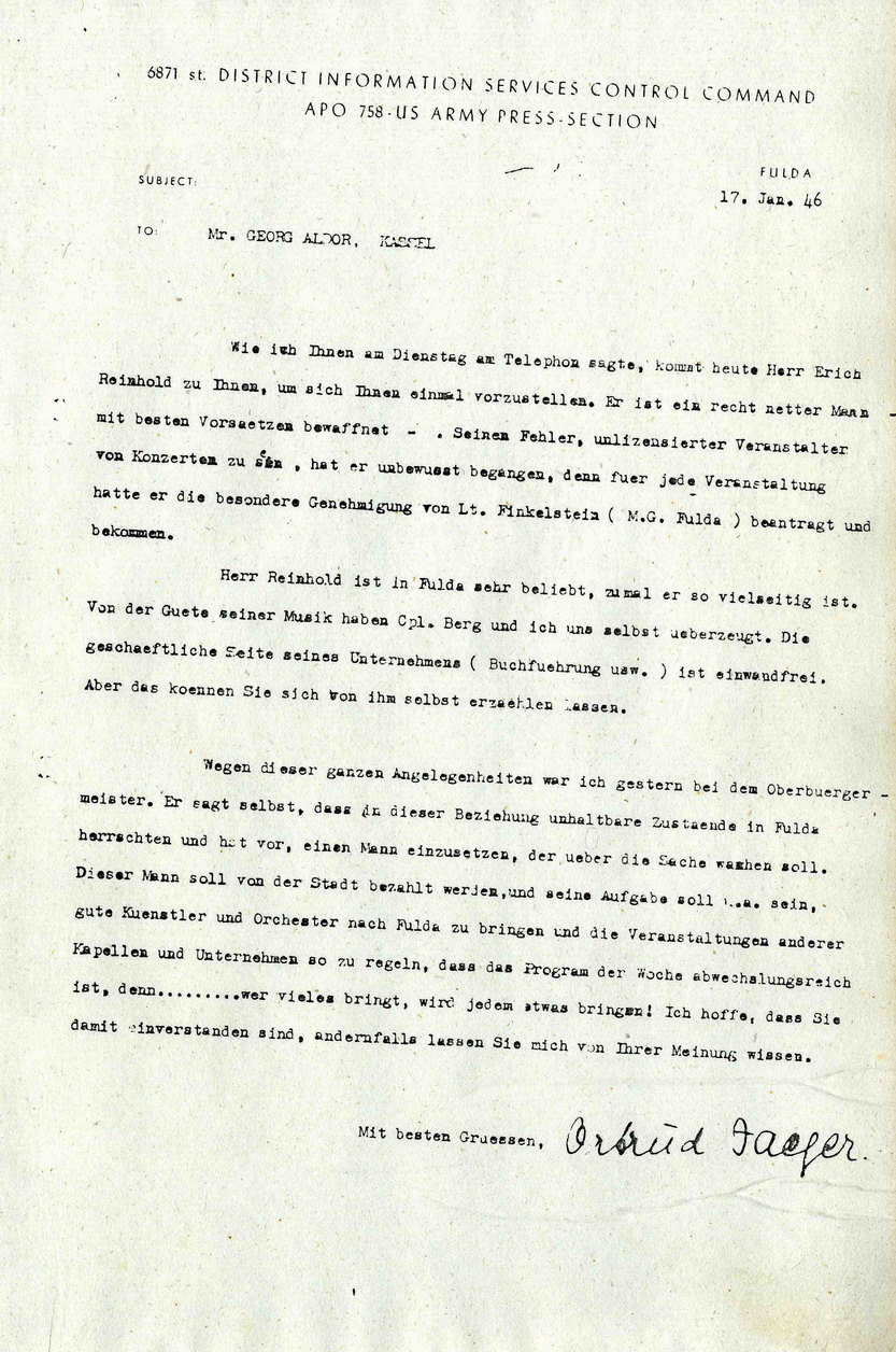 Empfehlungsschreiben für den Konzertunternehmer Erich Reinhold, 17. Januar 1946