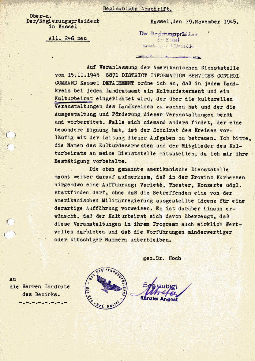 Schreiben des RP-Kassel, Fritz Hoch, an die Landräte des Bezirks zur Einrichtung von Kulturbeiräten, 29. November 1945