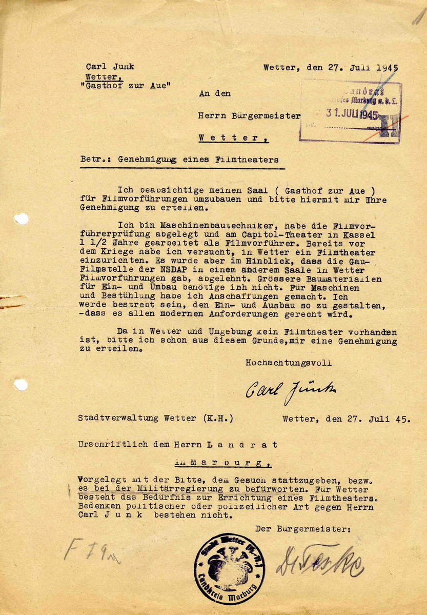 Antrag auf Genehmigung eines Filmtheaters, 1945.