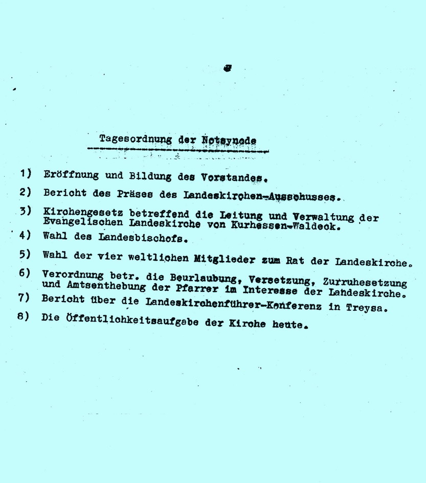 Tagesordnung der Notsynode der Evangelischen Landeskirche von Kurhessen-Waldeck am 25. September 1945 in Treysa