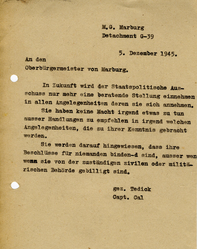 Mitteilungs des amerikanischen Besatzungsoffiziers Tedick an Marburgs Oberbürgermeister Siebecke zur Einrichtung des Staatspolitischen Ausschusses, 5. Dezember 1945