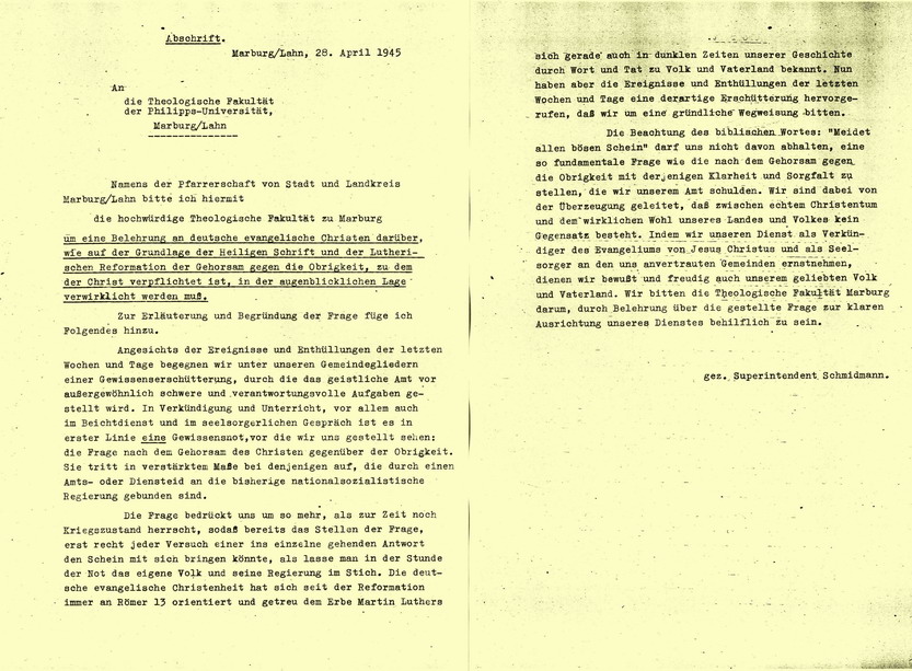 Schreiben: Superintendent Gottfried Schmidmann an die Theologische Fakultät der Universität Marburg, 28. April 1945