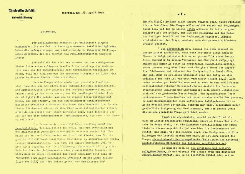 Gutachten der Theologischen Fakultät der Universität Marburg, 29. April 1945