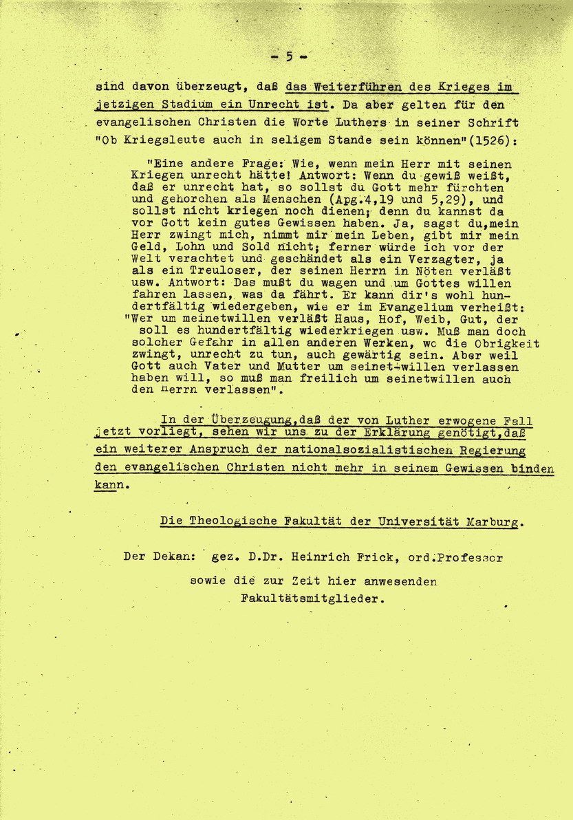 Gutachten der Theologischen Fakultät der Universität Marburg, 29. April 1945