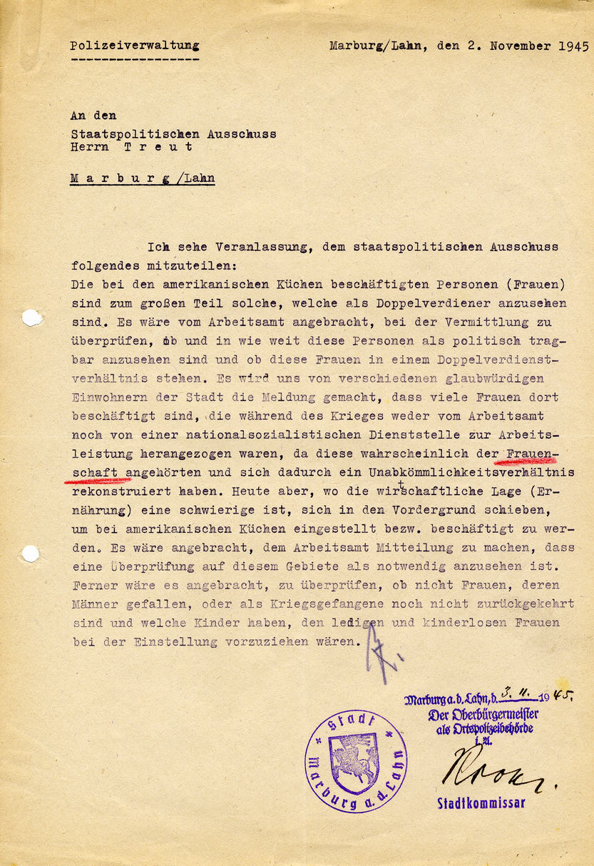 Anfrage der Marburger Polizeiverwaltung beim Staatspolitischen Ausschuß, 2. November 1945