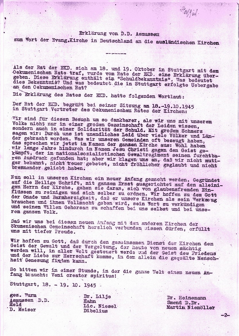 Schuldbekenntnis der Evangelischen Kirche in Deutschland, 19. Oktober 1945
