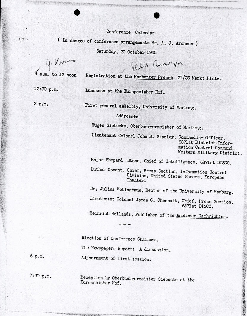 Veranstaltungsprogramm der Marburger Pressekonferenz, 20. Oktober 1945
