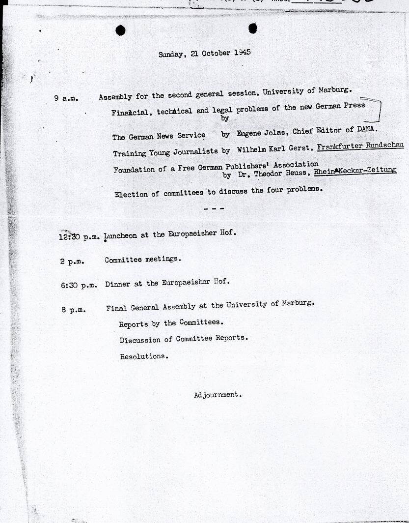 Veranstaltungsprogramm der Marburger Pressekonferenz, 20. Oktober 1945