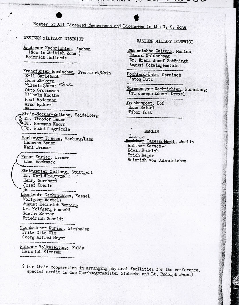 Teilnehmerliste der Marburger Pressekonferenz, 20. Oktober 1945