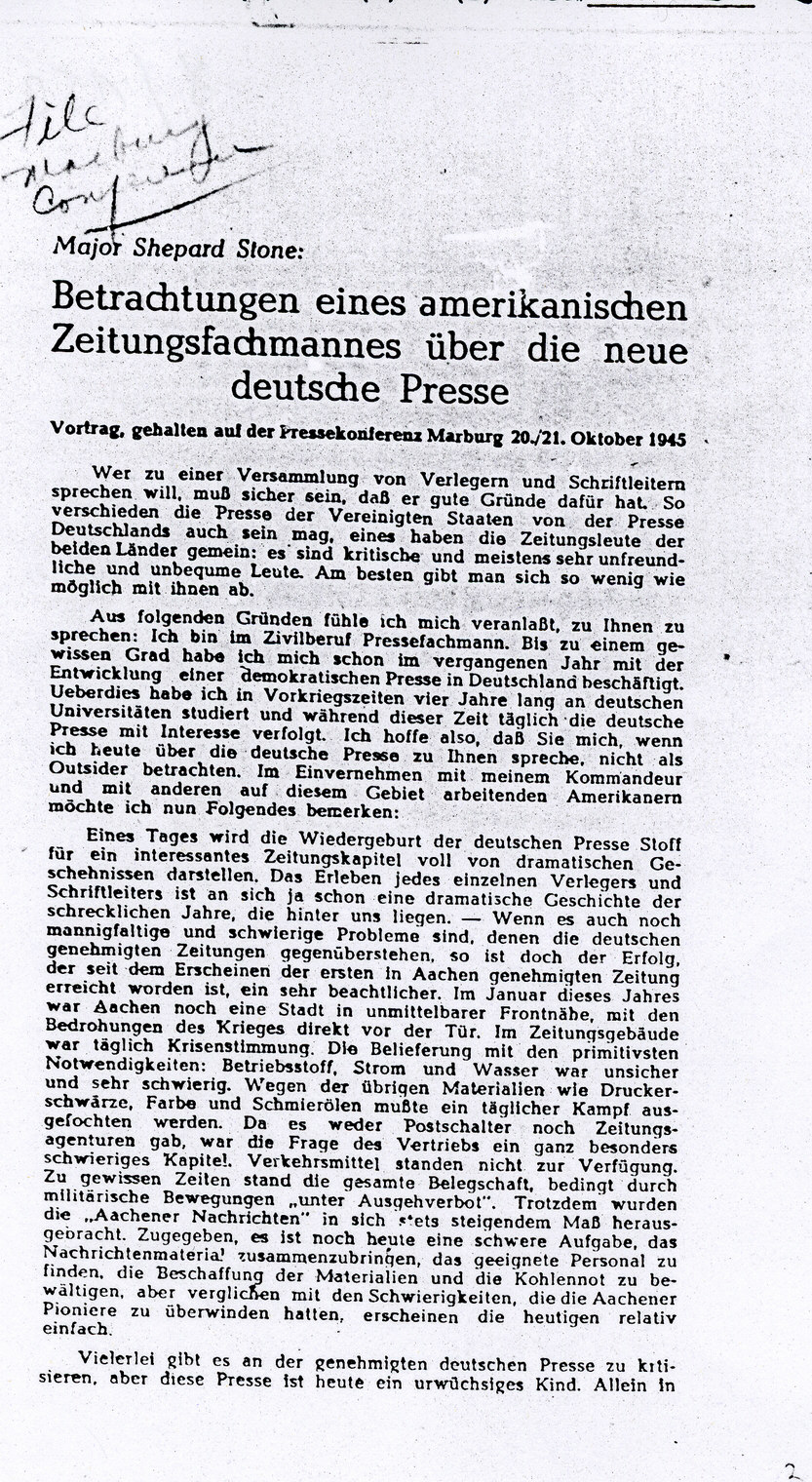 Bericht Shepard Stones über den Aufbau der demokratischen Presse in Deutschland, 20. Oktober 1945