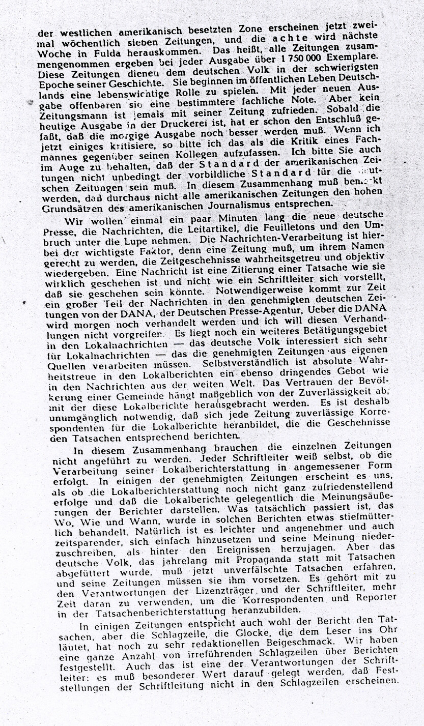 Bericht Shepard Stones über den Aufbau der demokratischen Presse in Deutschland, 20. Oktober 1945