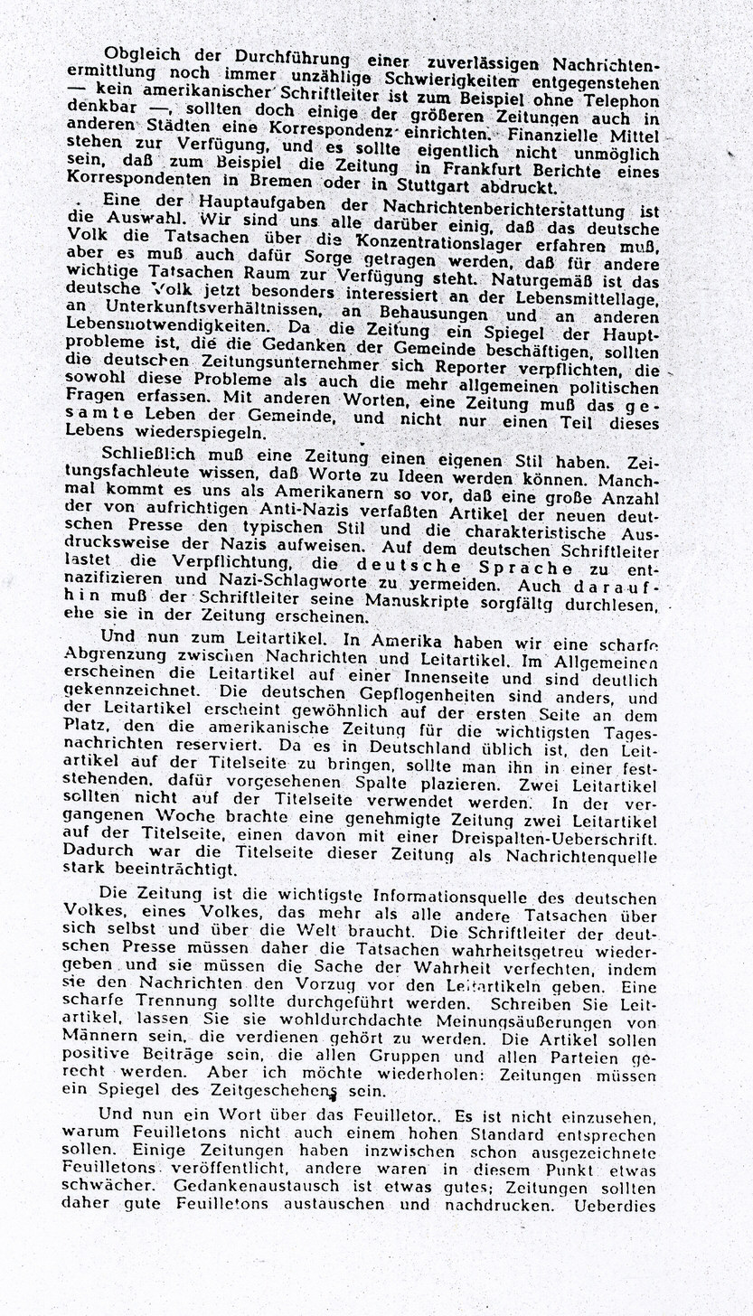 Bericht Shepard Stones über den Aufbau der demokratischen Presse in Deutschland, 20. Oktober 1945