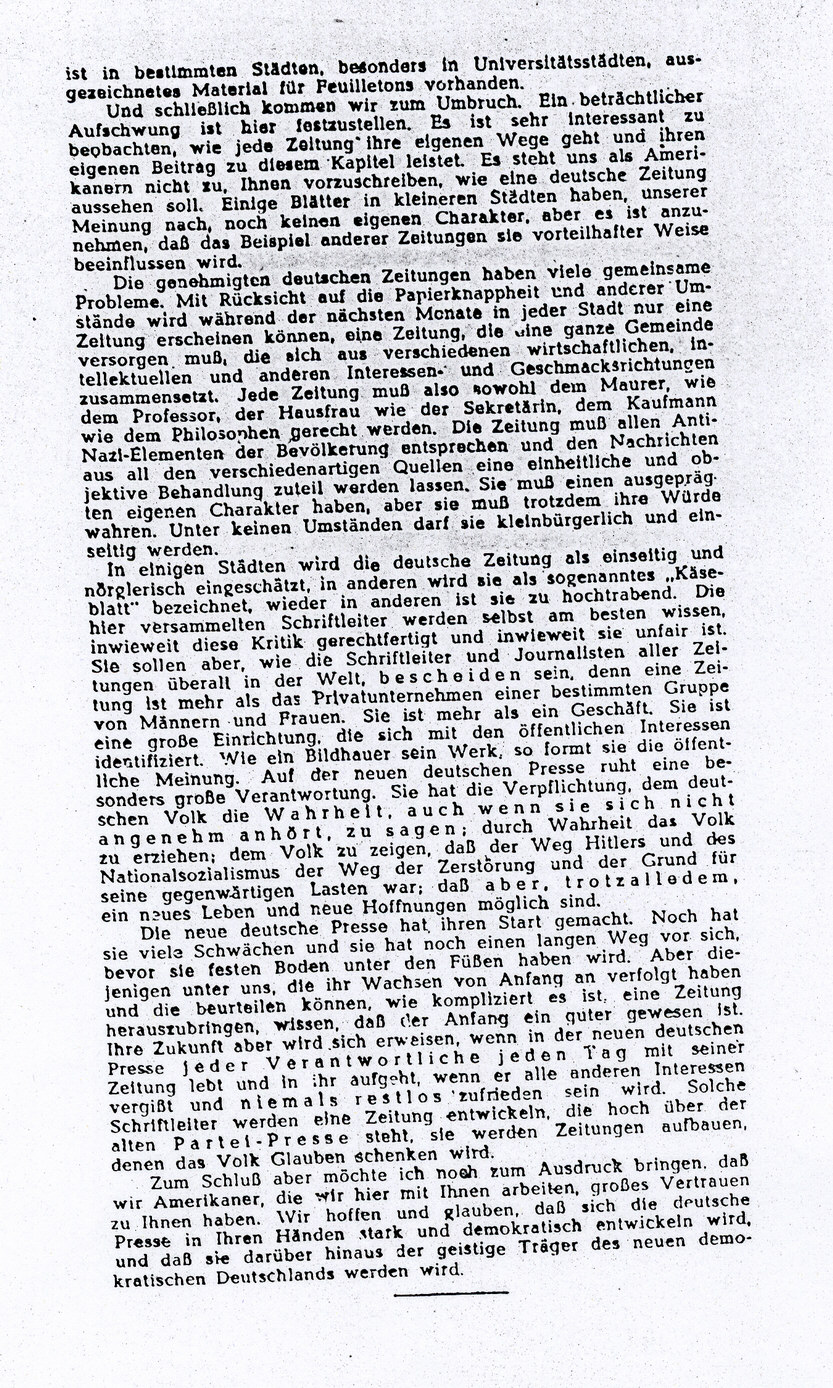 Bericht Shepard Stones über den Aufbau der demokratischen Presse in Deutschland, 20. Oktober 1945