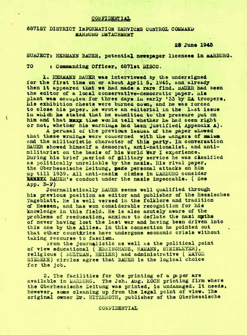 Überprüfungsbericht zu Hermann Bauer für Zeitungslizenzvergabe, 28. Juni 1945