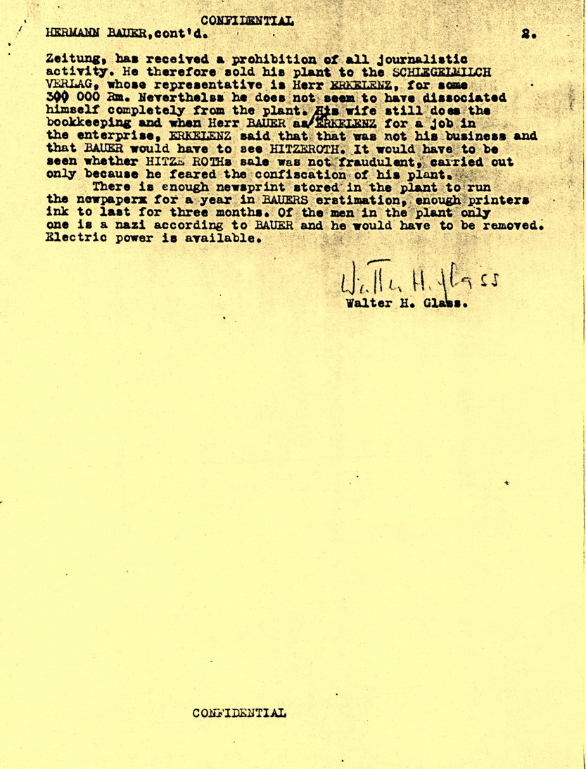 Überprüfungsbericht zu Hermann Bauer für Zeitungslizenzvergabe, 28. Juni 1945