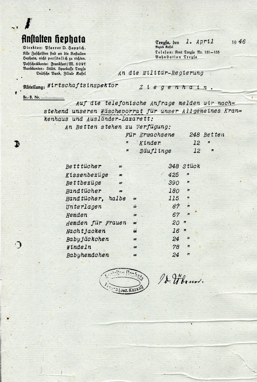 Mitteilung der Anstalten Hephata über ihren Wäschevorrat an die Militärregierung Ziegenhain, 1. April 1946