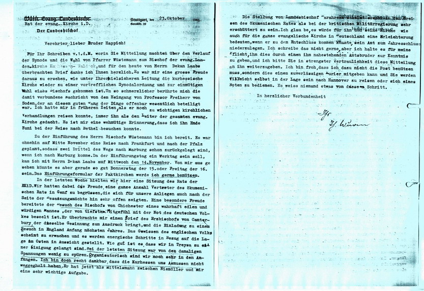 Schreiben: Theophil Wurm, Ratsvorsitzender der EKD, an Friedrich Happich über die organisatorische Situation der Evangelischen Kirche, 23. Oktober 1945