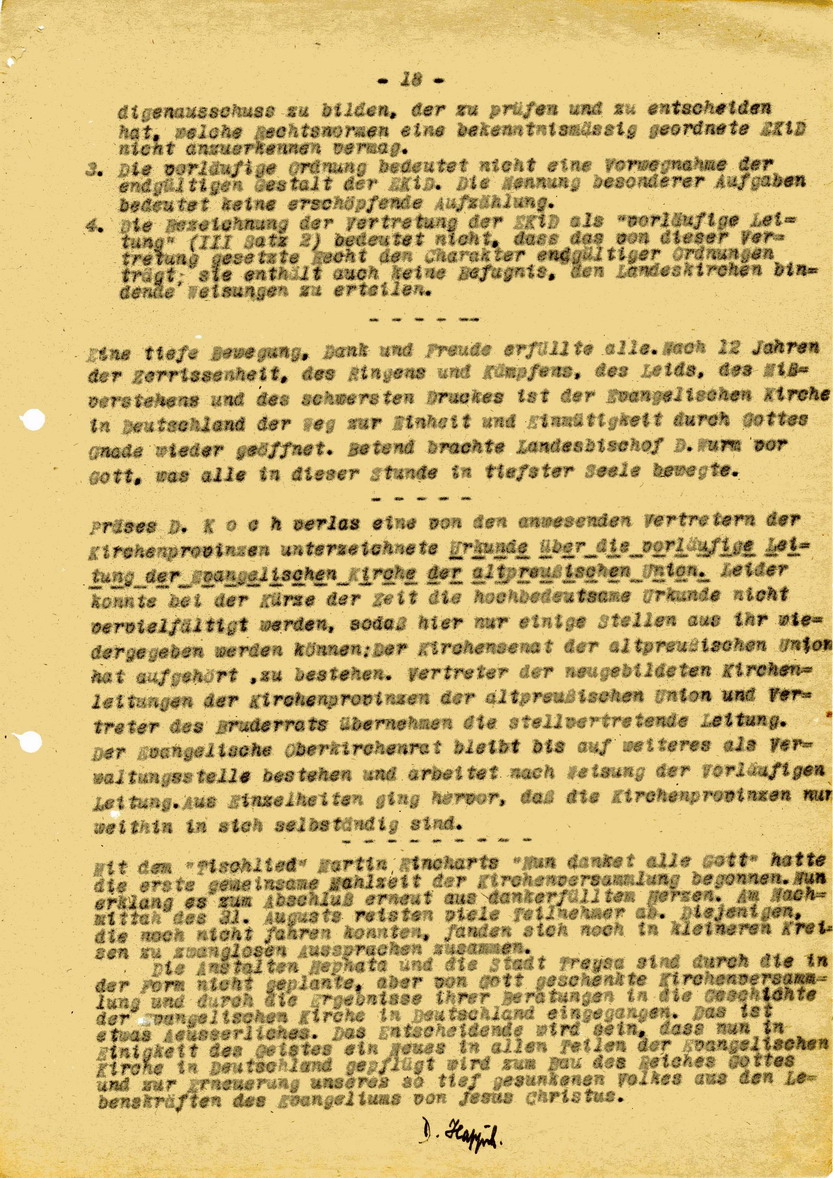 Bericht Happichs über die Kirchenversammlung der Evangelischen Kirche in Deutschland in den Anstalten Hephata in Treysa vom 27. bis 31. August 1945