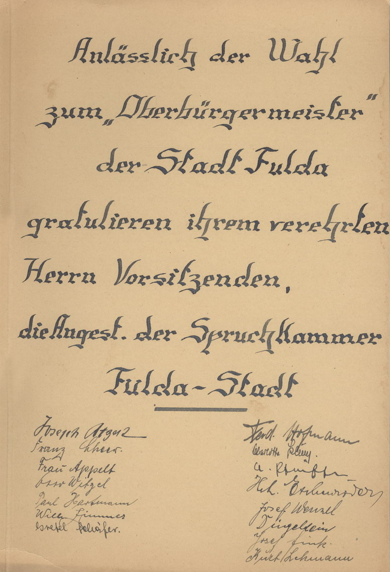 Gratulationsschreiben der Spruchkammer-Angestellten Fuldas zur Wahl Cuno Raabes zum Oberbürgermeister, August 1946