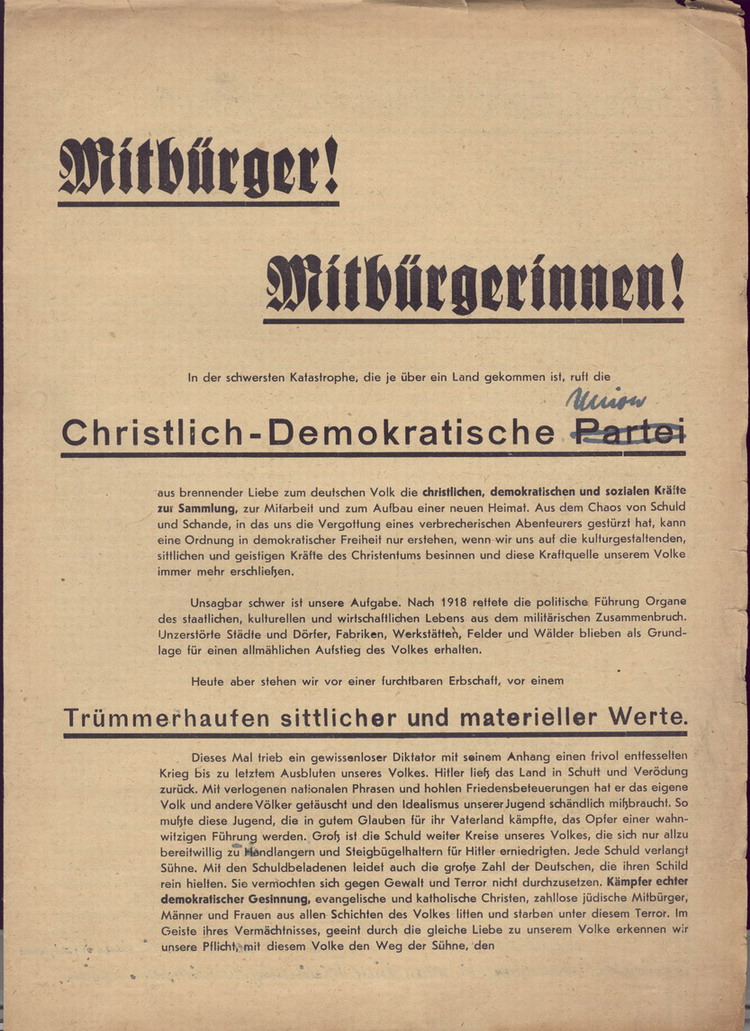 Flugblatt zur Programmatik der CDP, Vorläuferin der CDU, November 1945