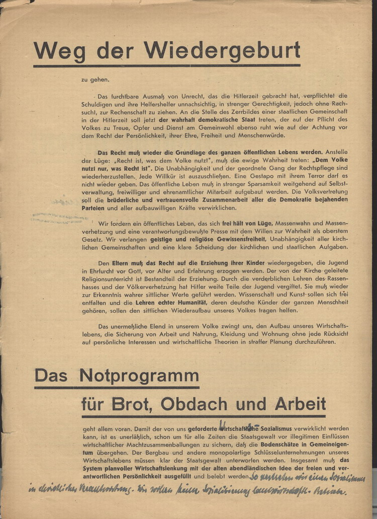 Flugblatt zur Programmatik der CDP, Vorläuferin der CDU, November 1945