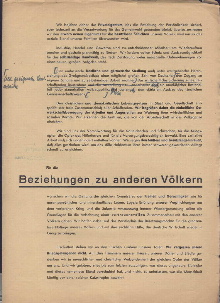 Flugblatt zur Programmatik der CDP, Vorläuferin der CDU, November 1945