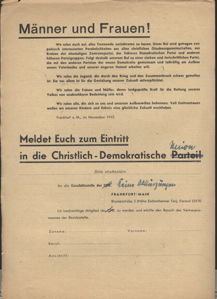 Flugblatt zur Programmatik der CDP, Vorläuferin der CDU, November 1945