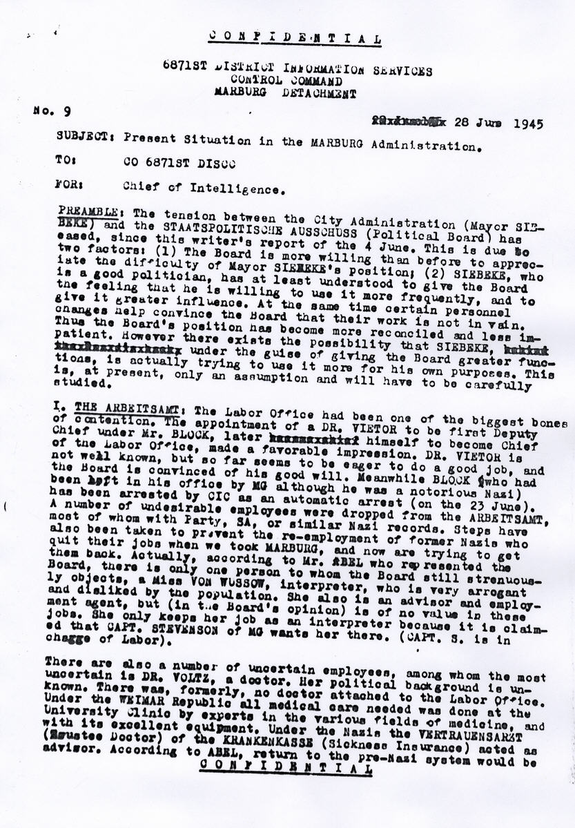 Lagebericht zur Verwaltungssituation in Marburg, 28. Juni 1945
