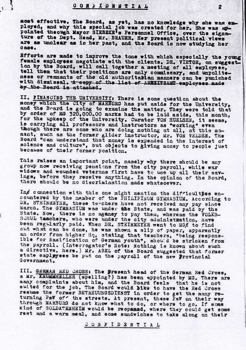 Lagebericht zur Verwaltungssituation in Marburg, 28. Juni 1945