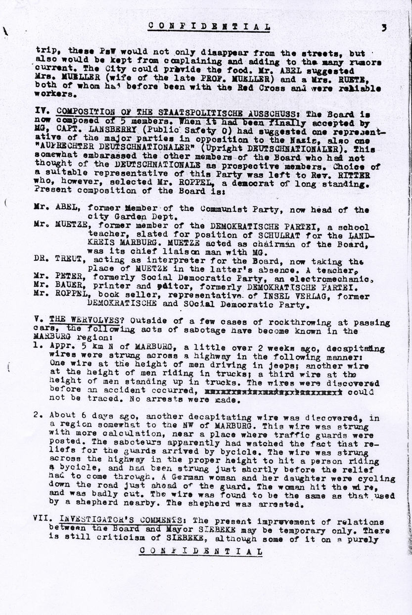 Lagebericht zur Verwaltungssituation in Marburg, 28. Juni 1945