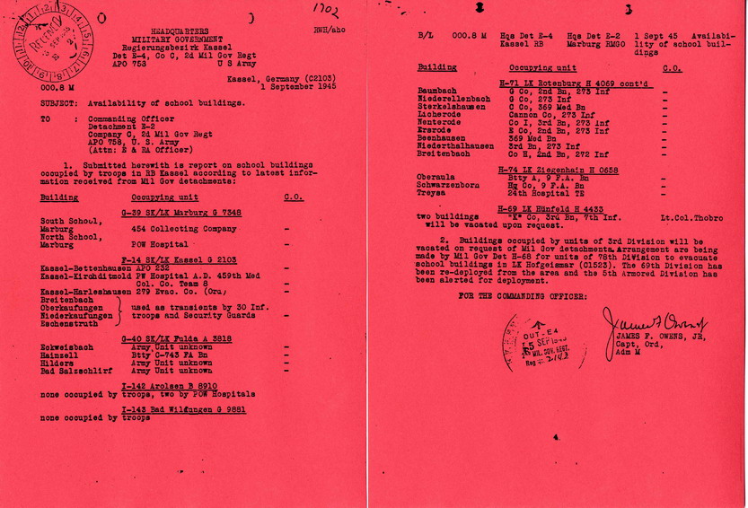 Liste über beschlagnahmte Schulgebäuden im Regierungsbezirk Kassel, 1. September 1945